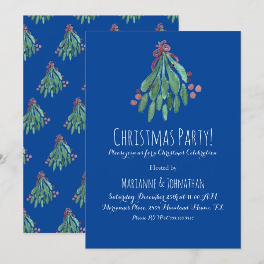 クリスマスパーティーの手描き水彩ツリーと青いリボン 招待状 (正面/裏面)