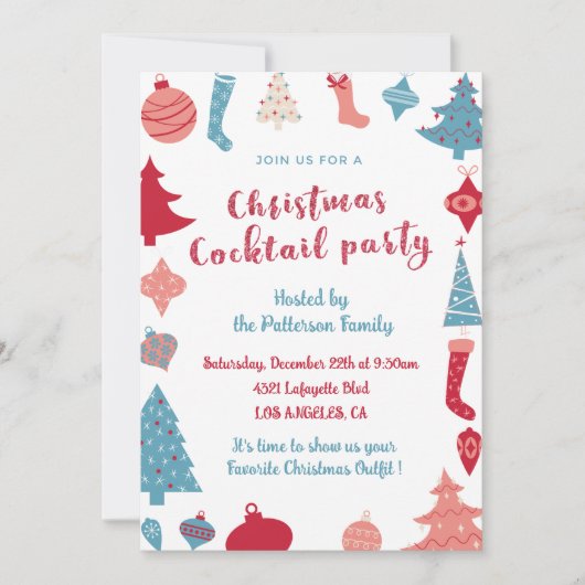 クリスマスパーティーの招待状 かわいいピンクとブルー 招待状 (正面)