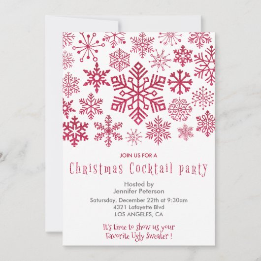 クリスマスパーティーの招待状 スノーフレーク 赤 招待状 (正面)