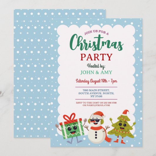 クリスマスパーティーの招待状 スノーマン クリスマスツリー 招待状 (正面/裏面)