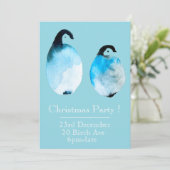クリスマスパーティーの招待状 ペンギンのウィズミカルな水彩画 クリスマスツリーのオリジナル水彩画 招待状 (スタンド正面)