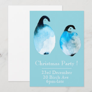 クリスマスパーティーの招待状 ペンギンのウィズミカルな水彩画 クリスマスツリーのオリジナル水彩画 招待状