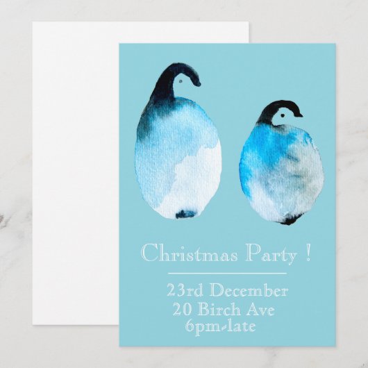 クリスマスパーティーの招待状 ペンギンのウィズミカルな水彩画 クリスマスツリーのオリジナル水彩画 招待状 (正面/裏面)