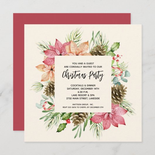 クリスマスパーティーの招待状（ポインセチアと松のデザイン） (正面/裏面)