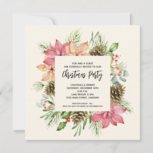 クリスマスパーティーの招待状(ポインセチアと松のデザイン) (正面)
