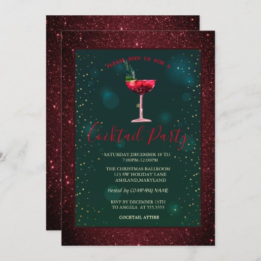 クリスマスパーティーの招待状 赤い輝きとゴールドの星 招待状 (正面/裏面)