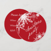 クリスマスパーティーの招待状！ 赤と雪の結晶 招待状 (正面/裏面)