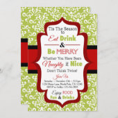 クリスマスパーティーの招待状 - 食べて、飲んで、楽しく！ 招待状 (正面/裏面)