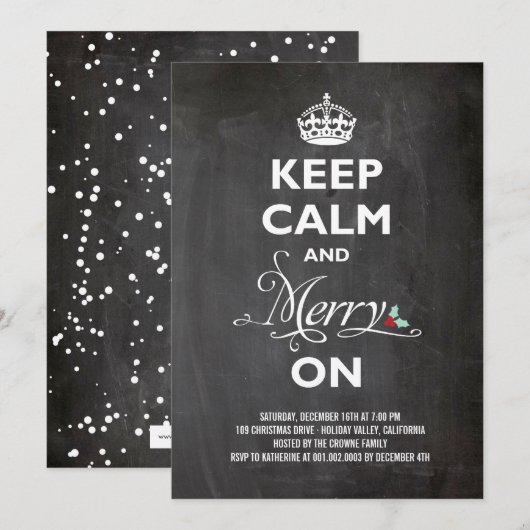 クリスマスパーティーの招待状 Keep Calm Merry On 黒板風デザイン 招待状 (正面/裏面)