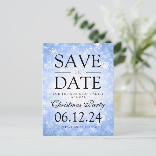 クリスマスパーティーの日付を冬の青で保存 案内ポストカード (スタンド正面)