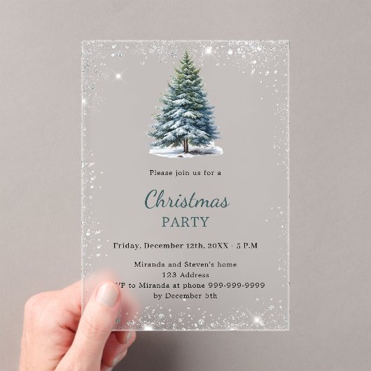 クリスマスパーティーの木の雪の手が霜で描かれた アクリル招待状 (インサイチュ (ポータブル))
