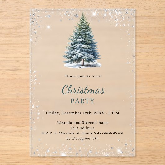 クリスマスパーティーの木の雪の手が霜で描かれた アクリル招待状 (正面)
