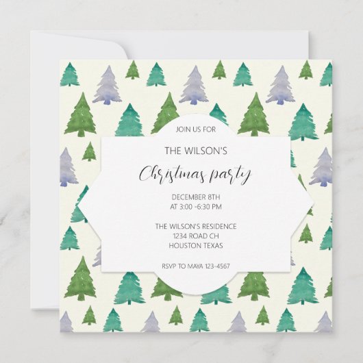 クリスマスパーティーの水彩ツリーイラスト 招待状 (正面)