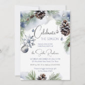 クリスマスパーティーの水色の雪の松 招待状 (正面)
