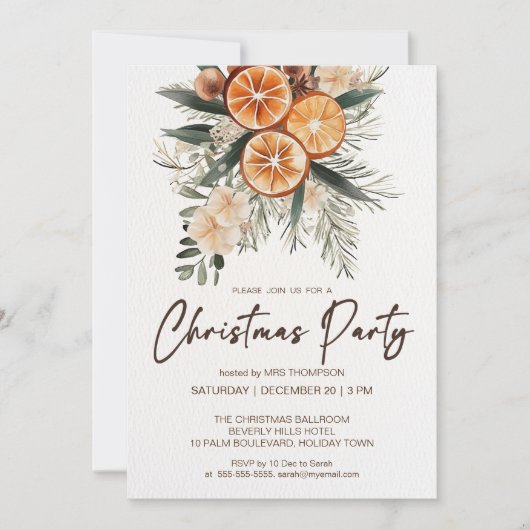 クリスマスパーティーの素朴なドライオレンジ植物学 招待状 (正面)