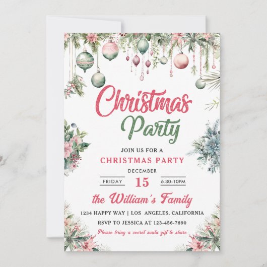 クリスマスパーティーの花のあるクリスマス 招待状 (正面)
