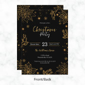 クリスマスパーティーの花&星 | ブラックおよび金ゴールド 招待状