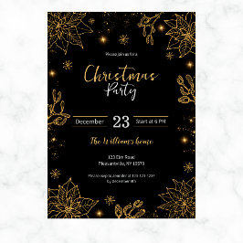 クリスマスパーティーの花&星 | ブラックおよび金ゴールド 招待状