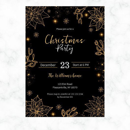 クリスマスパーティーの花&星 | ブラックおよび金ゴールド 招待状