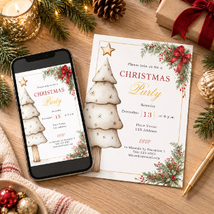 クリスマスパーティーの赤いリボンのもみの木 招待状