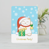 クリスマスパーティーの赤い帽子をかぶった白猫 箔招待状 (立ち正面)