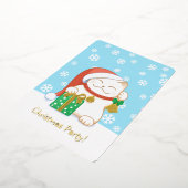 クリスマスパーティーの赤い帽子をかぶった白猫 箔招待状 (回転した状態)
