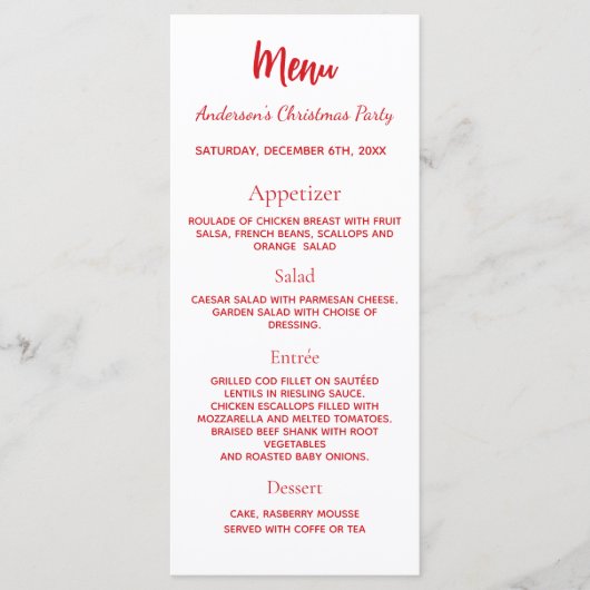 クリスマスパーティーの赤と白の食事メニューのカード メニュー (正面)