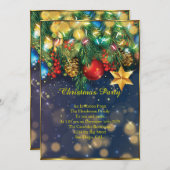 クリスマスパーティーの赤と金の青と緑の飾り 星 招待状 (正面/裏面)