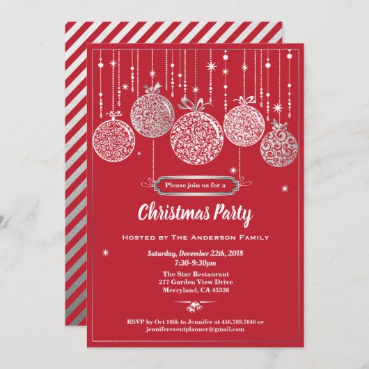 クリスマスパーティーの赤と銀のオーナメント交換 招待状 (正面/裏面)