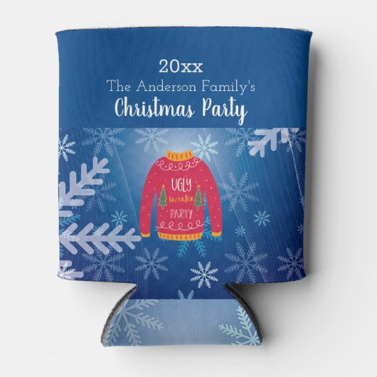 クリスマスパーティーの醜いセーター赤い青い雪片 缶クーラー (正面)