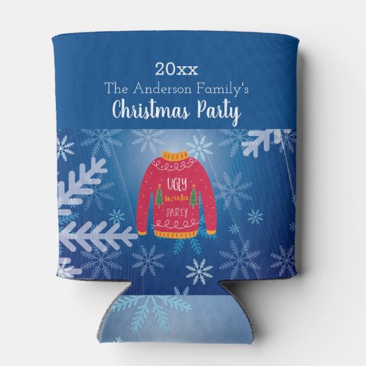 クリスマスパーティーの醜いセーター赤い青い雪片 缶クーラー (裏面)