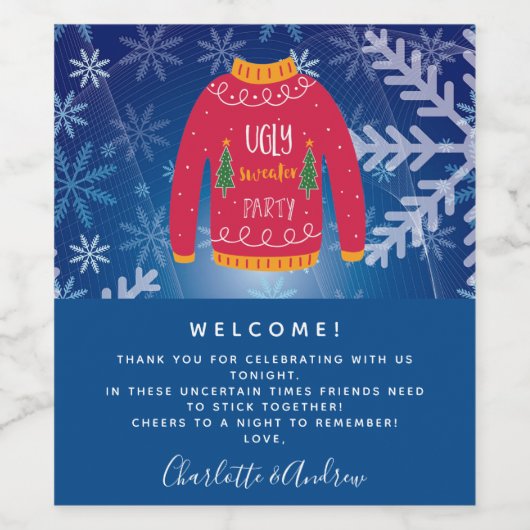 クリスマスパーティーの醜いセーター赤い青の歓迎 ワインラベル (シングルラベル)