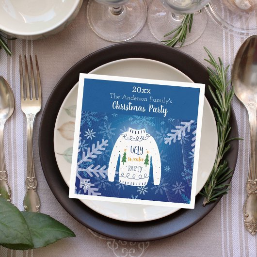 クリスマスパーティーの醜いセーター青い雪の結晶ホワイト スタンダードカクテルナプキン