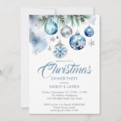 クリスマスパーティーの銀青の飾り玉 招待状 (正面)