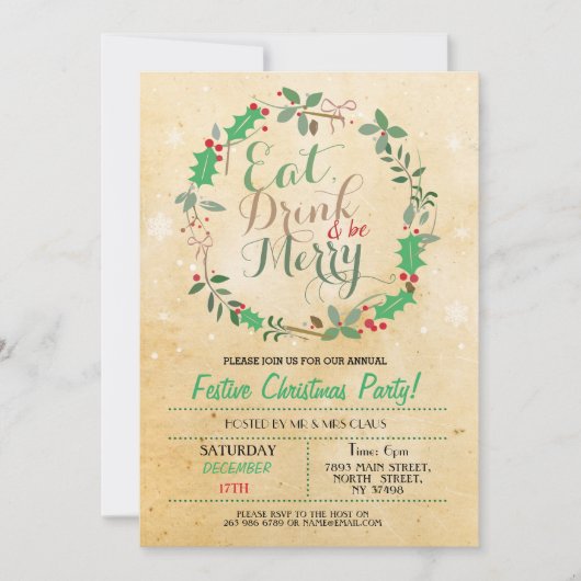 クリスマスパーティーの食事と飲み会　楽しいXmasを！ 招待状 (正面)