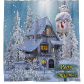 クリスマスパーティーウィンターホワイト雪だるまブルー素朴 シャワーカーテン (正面)