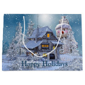 クリスマスパーティーウィンターホワイト雪だるまブルー素朴 ラージペーパーバッグ (正面)