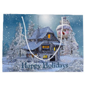 クリスマスパーティーウィンターホワイト雪だるまブルー素朴 ラージペーパーバッグ (裏面)