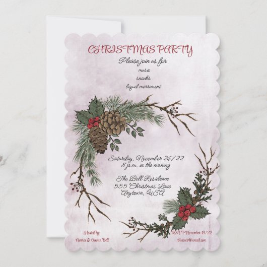 クリスマスパーティーウォーターカラーパインコーンリース 案内状 (正面)