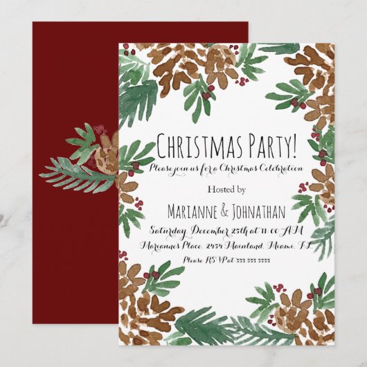クリスマスパーティーウォーターカラーピネコーングリーンリーアート 招待状 (正面/裏面)