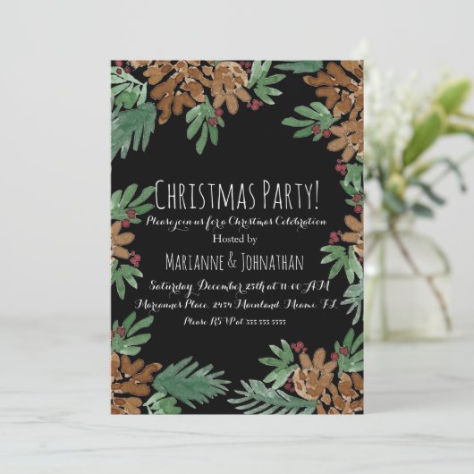 クリスマスパーティーウォーターカラーピネコーングリーンリーアート 招待状 (スタンド正面)