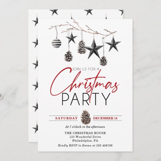 クリスマスパーティーエレガントスカンジナビアオーナメント 招待状 (正面/裏面)