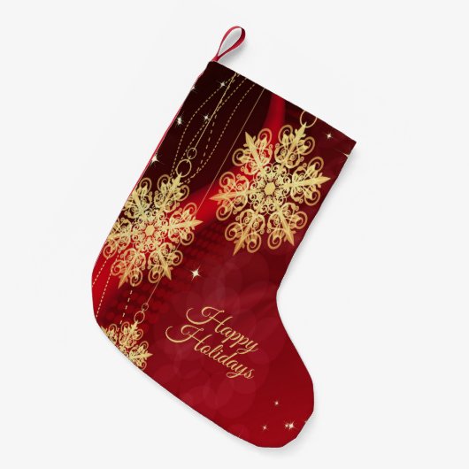 クリスマスパーティーギフトレッドゴールデンスノーフレーク スモールクリスマスストッキング (正面 (吊り時))