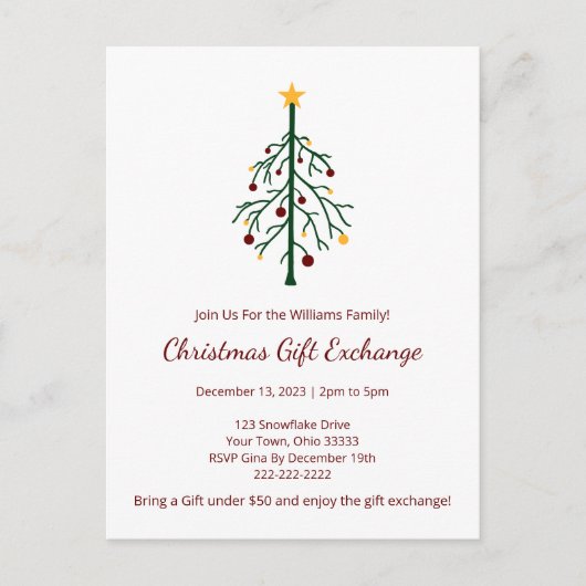 クリスマスパーティーギフト交換フェスティバルエバーグリーン インビテーションポストカード (正面)