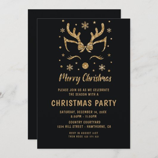 クリスマスパーティーグリッター金ゴールド鹿招待状 招待状 (正面/裏面)