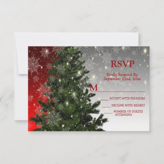 クリスマスパーティーグリーンツリーレッドシルバースノーフレーク 出欠カード (正面)