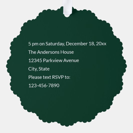 クリスマスパーティーグリーンホワイトと金ゴールド招待状 オーナメントカード (裏面)