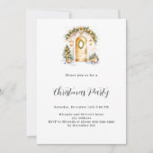 クリスマスパーティーグリーン金ゴールドツリーのドア白 招待状 (正面)