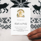 クリスマスパーティーグリーン金ゴールドツリーのドア白 招待状