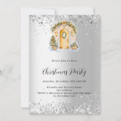 クリスマスパーティーグリーン金ゴールドドアシルバー 招待状 (正面)